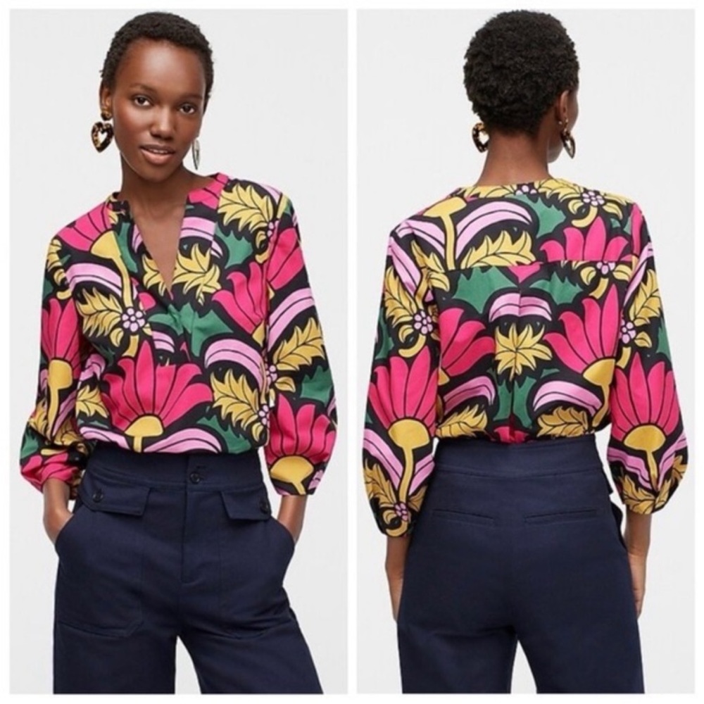 J. Crew Open V-Neck Cotton Poplin Top Ratti Grandi Fiori Women's Size Small